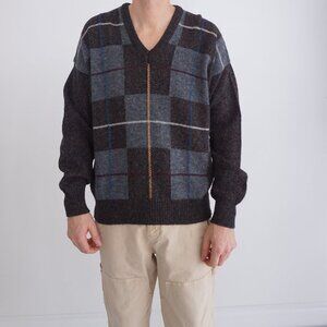 Vintage '90S Maglificio Florence 70% Wool Brown Plaid Pattern V-Neck Sweater L
